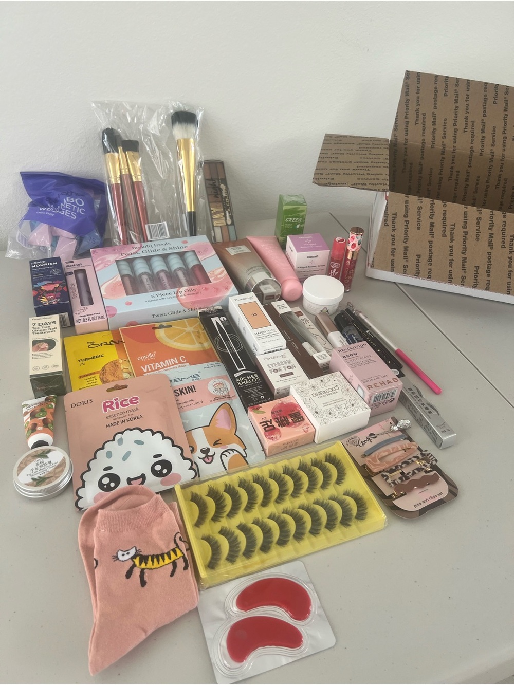 Box#1.   Assorted Beauty Lot with Pink Accents - Lashes, Brushes, Masks